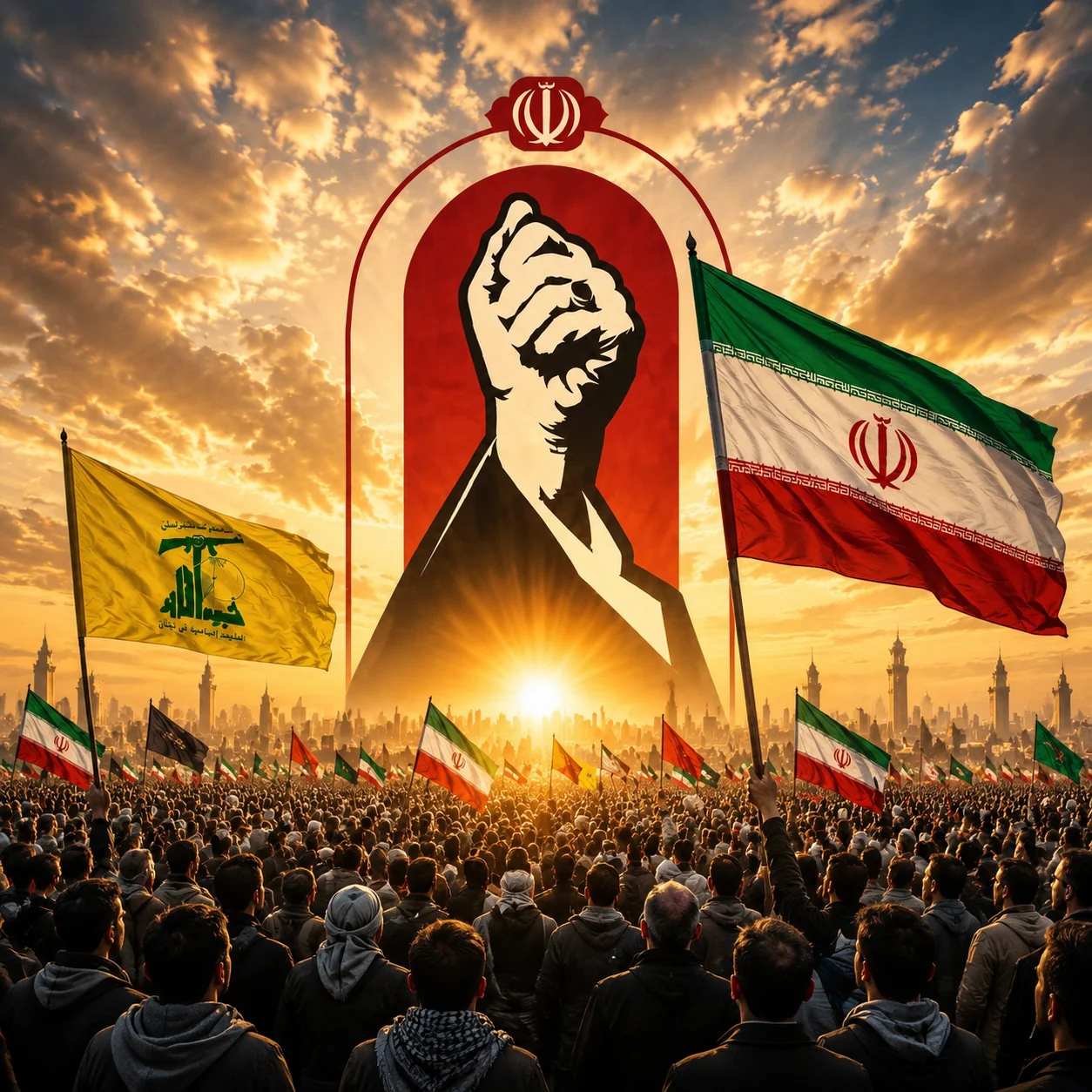 تصویری با حالوهوای حماسی و سیاسی که جمعیت انبوهی از مردم را در حال راهپیمایی یا تجمع نشان میدهد. در مرکز تصویر، طرح گرافیکی بزرگی از یک مشت گرهکرده در میان یک طاق دیده میشود که نشان جمهوری اسلامی ایران در بالای آن قرار دارد. در دو سوی تصویر، پرچمهای جمهوری اسلامی ایران و پرچم زردرنگ حزبالله در اهتزاز هستند و نور طلایی خورشید در پسزمینه، فضایی روشن و پرشور به صحنه بخشیده است.